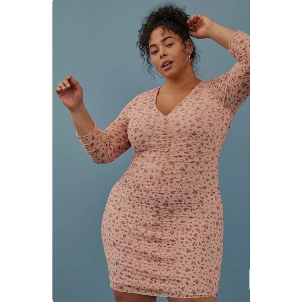 FESTI Womens sz 3X Pink Sheer Floral Rutch Lined Long Sleeve Dress Feminine USA